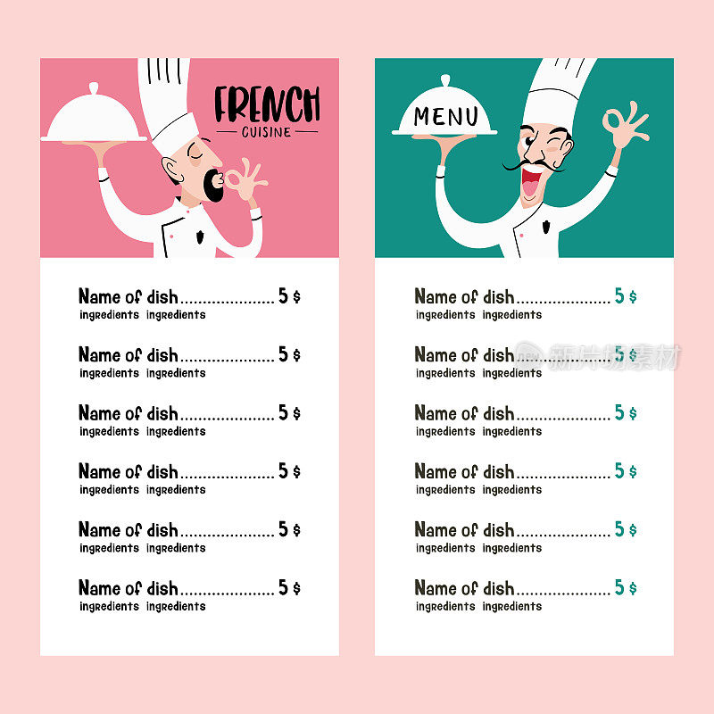 Chef French kitchen. Vector illustration of menu template.